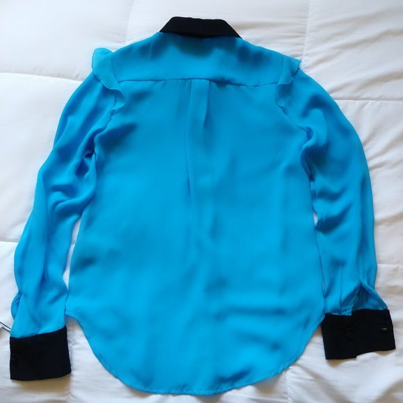 Prabel Gurung x Target blue long sleeve blouse w/black accents & ruffles Small - Picture 3 of 16